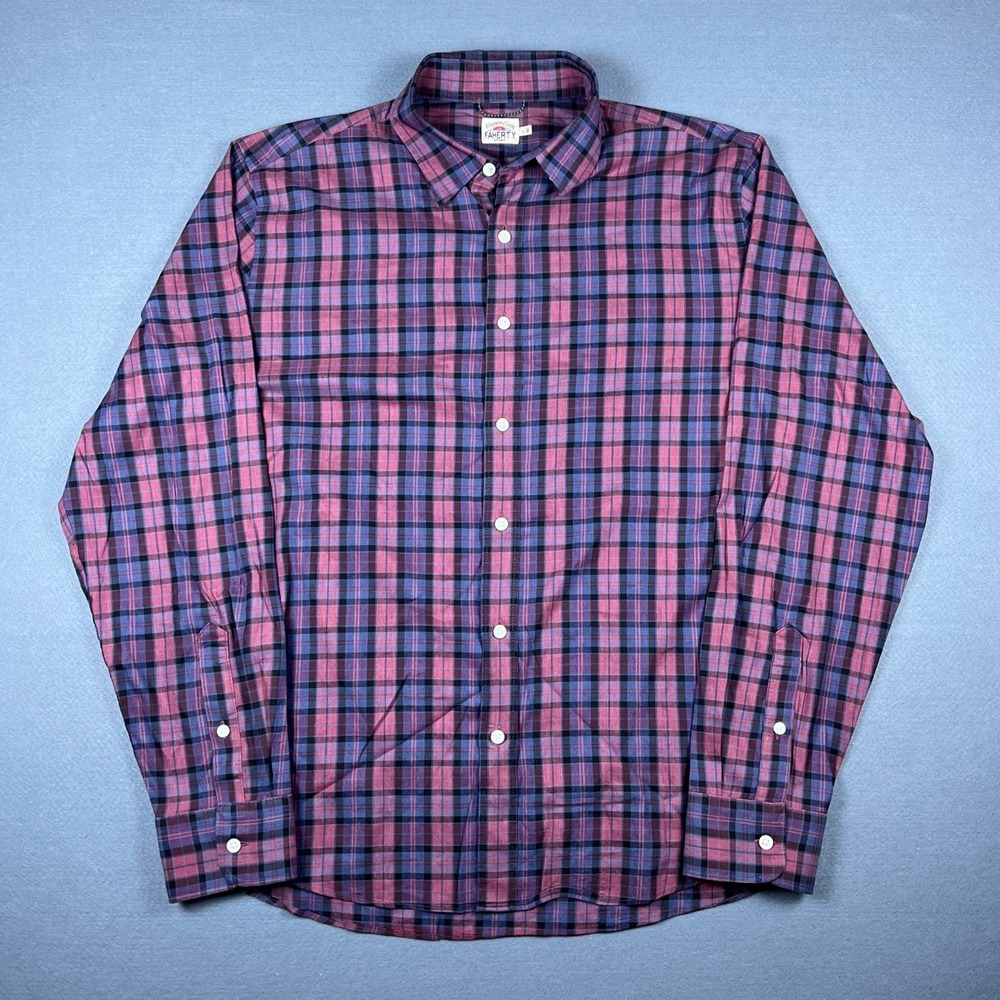 Faherty Mens Movement Shirt Purple Pink Plaid Supima Lyocell Stretch Large L